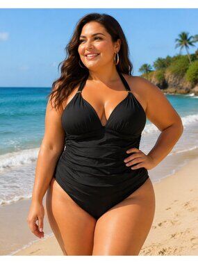 Victorias Secret Swim Black One-Piece Halter Swimsuit XL Smoothing Ruched Curvey